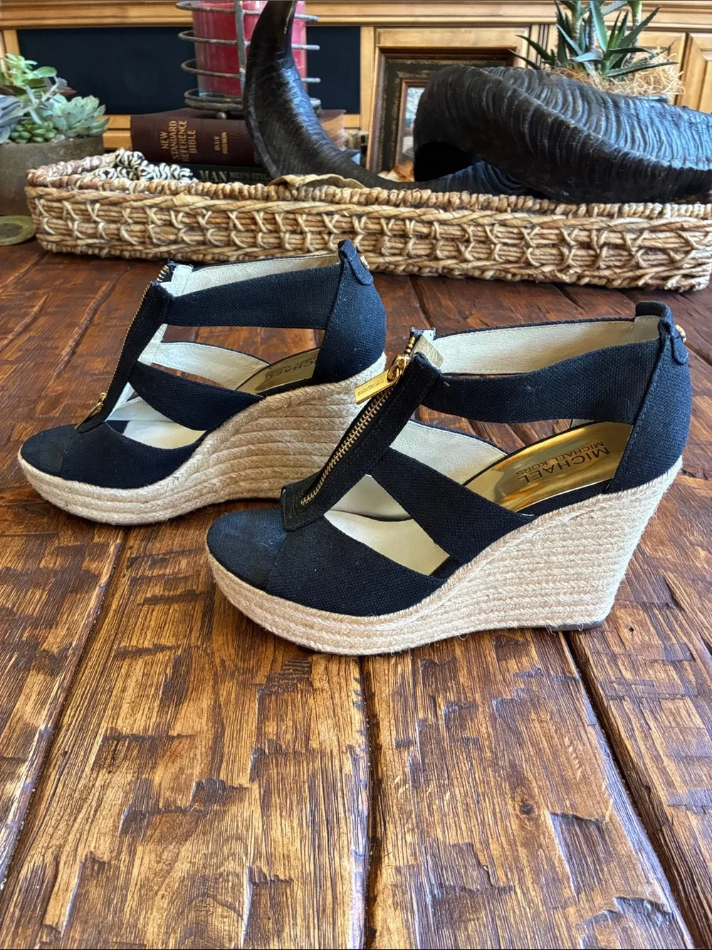 Michael Kors Black Wedge Sandals with Gold Front Zipper